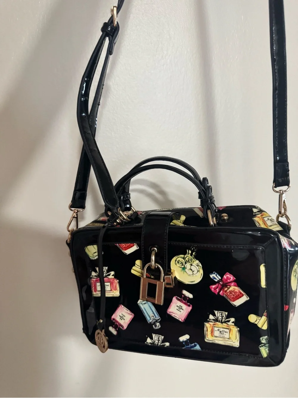 Black Patent Crossbody Bag with Perfume Bottle Print